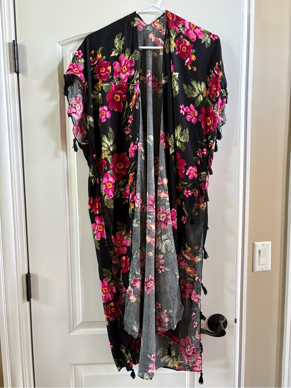 Black Floral Kimono Cover-Up with Pink & Green Blooms